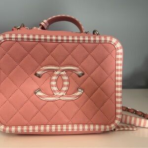 CHANEL Pink Quilted Vanity Crossbody with White Striped Trim